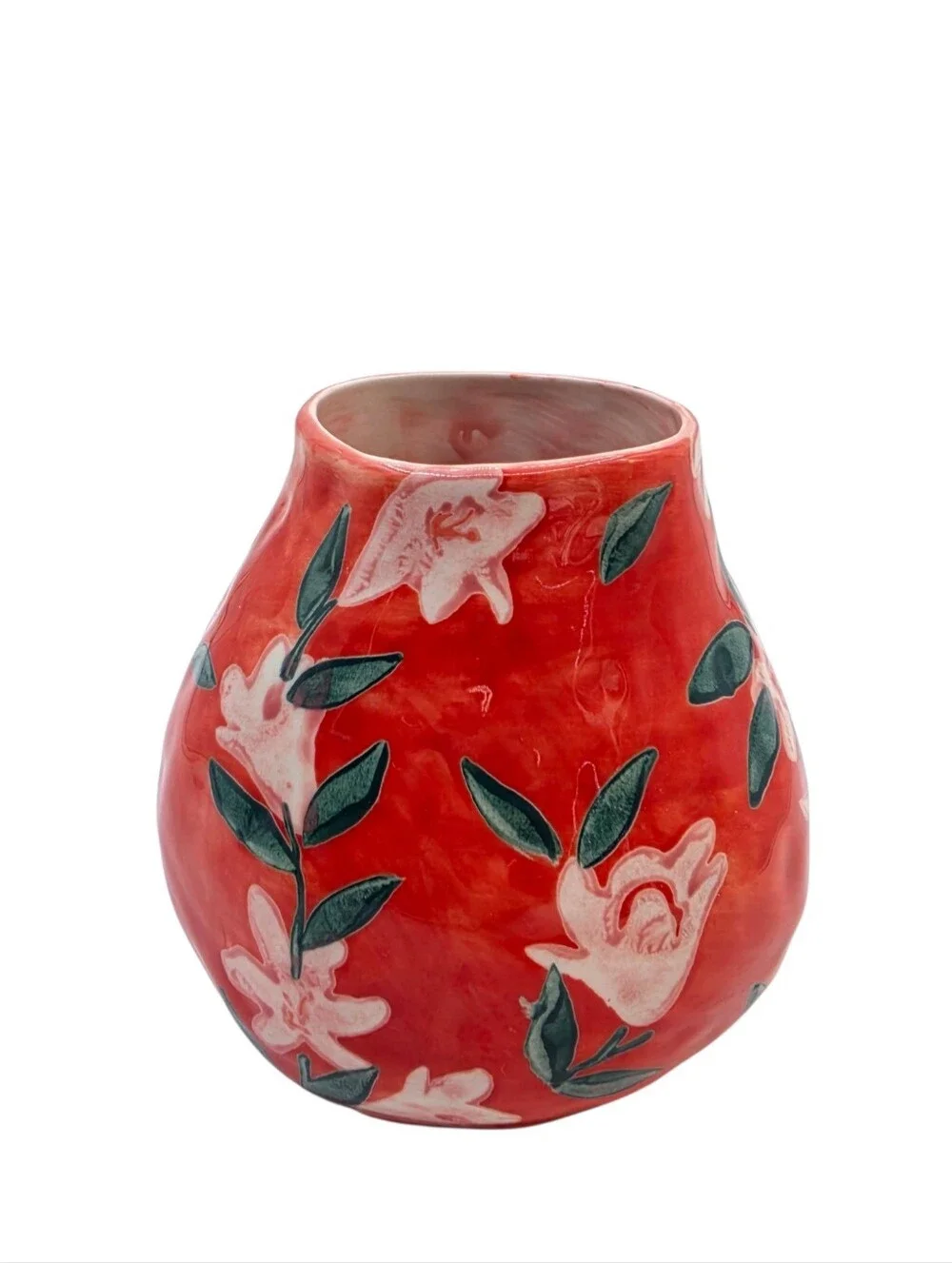 Anthropologie Leah Reena Goren Orange Floral Ceramic Vase Hand Painted Style